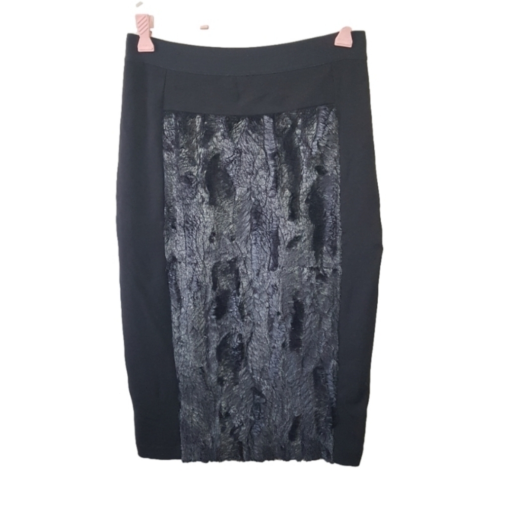 BCBG Maxazria Black Midi Pencil Skirt Faux Fur Lined Full Zip